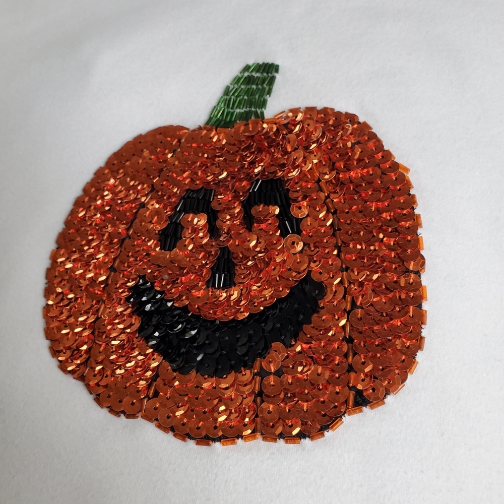 Sparkly Sequin Pumpkin White Long Sleeve Tshirt Halloween size S - Picture 2 of 2